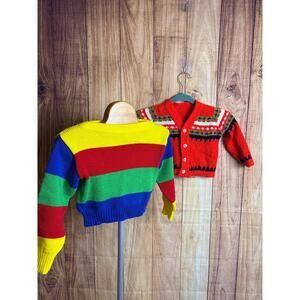 Vintage Children's Knit Sweater Cardigan Fair Isle Block Color Size 4T READ